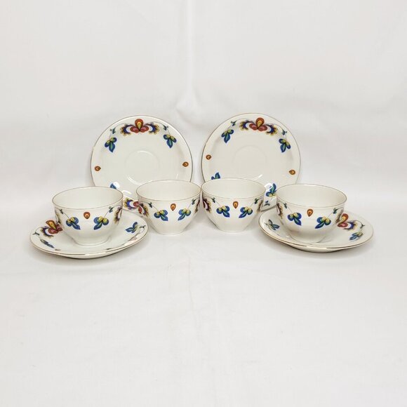 Porsgrund Farmer's Rose Floral Tea Cup Saucer Gold Rim 4 Sets Scandinavian 4oz - Picture 4 of 6